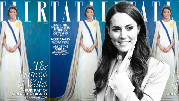 Photo illustration of tiled Kate Middleton painting portrait with a photograph of Kate Middleton on top