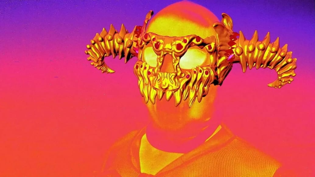 A demon with a skull mask floats in a still from ‘Aggro Dr1ft’
