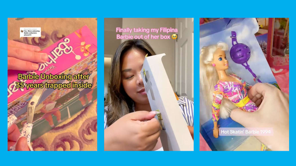 A triptych of TikTokers unboxing their Barbie dolls