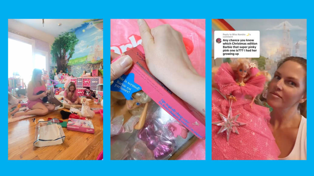 A triptych of TikTokers unboxing their Barbie dolls