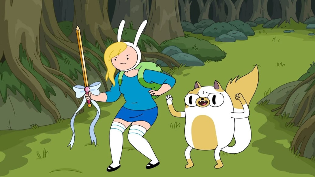 A still from Adventure Time that shows Fionna and Cake in a forest