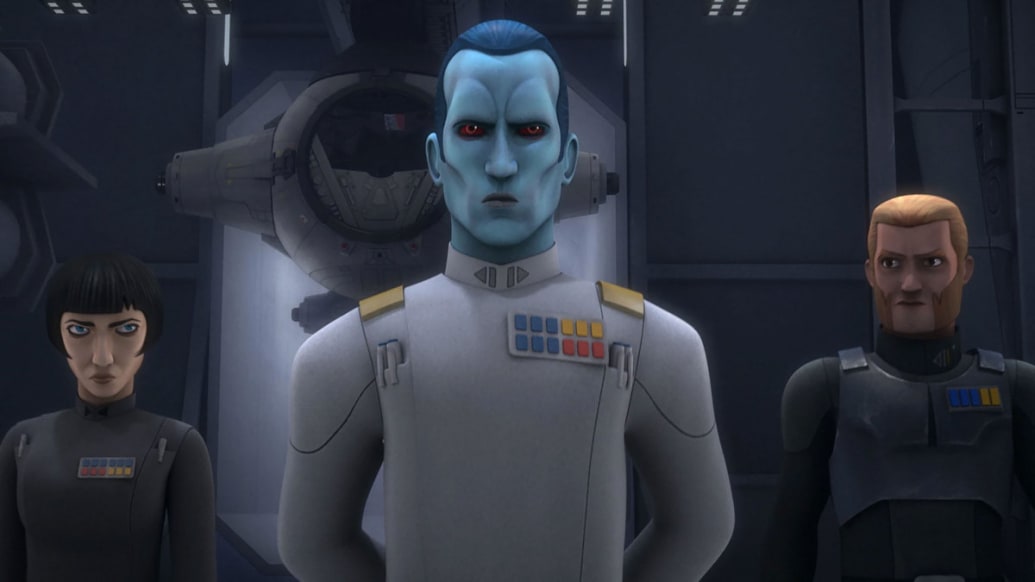 A still from Star Wars Rebels shows Admiral Thrawn flanked by two other soliders