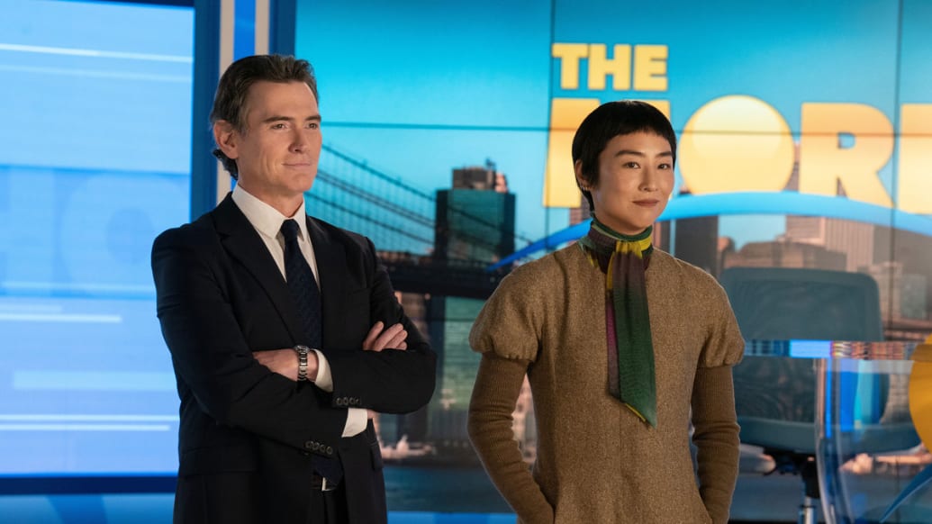 Billy Crudup and Greta Lee on set in 'The Morning Show'