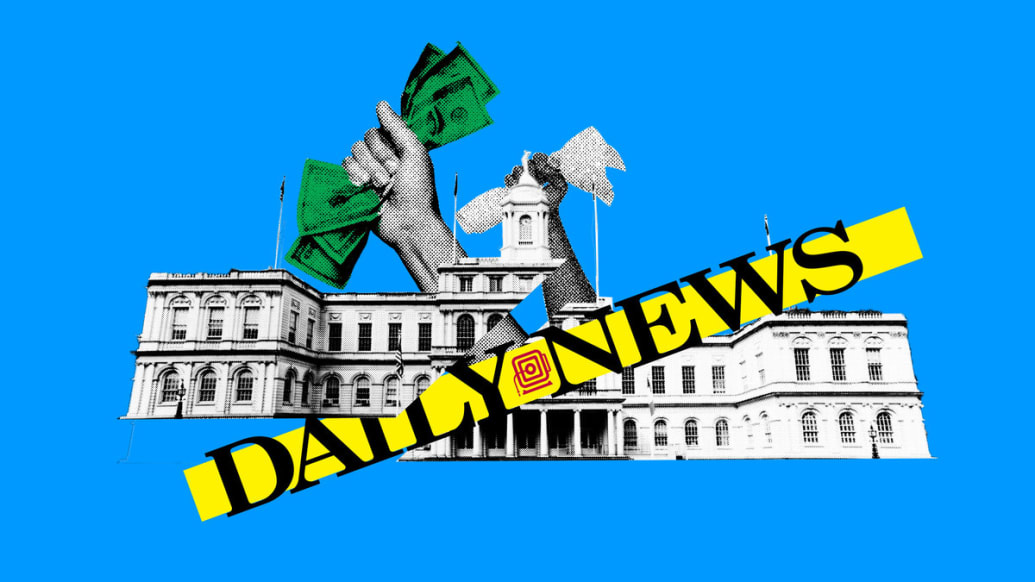 Daily News logo illustrated over a blue background with NY City Hall.