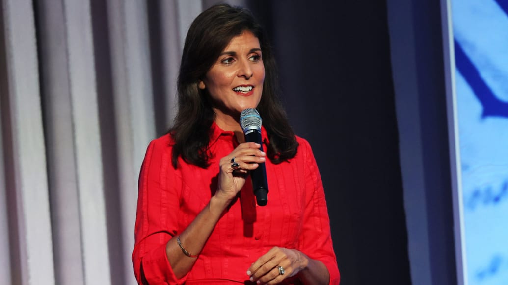 A photo that includes Nikki Haley speaking during the Moms for Liberty Joyful Warrior National Summit at the Philadelphia, Pennsylvania.