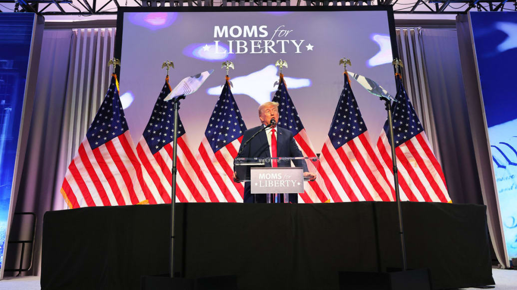 A photo of Former President Donald Trump speaking during the Moms of Liberty Joyful Warriors National Summit at The Philadelphia Marriott Downtown.
