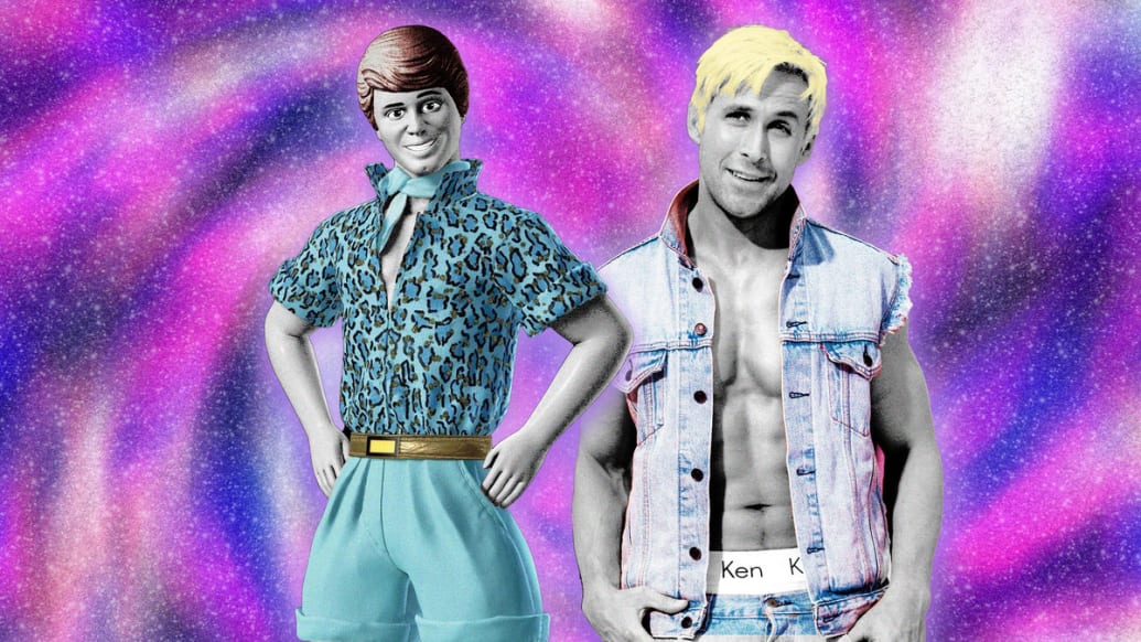 An illustration including photos of a Toy Ken Barbie Doll and Ryan Gosling as Ken in Barbie the Warner Bros. film.