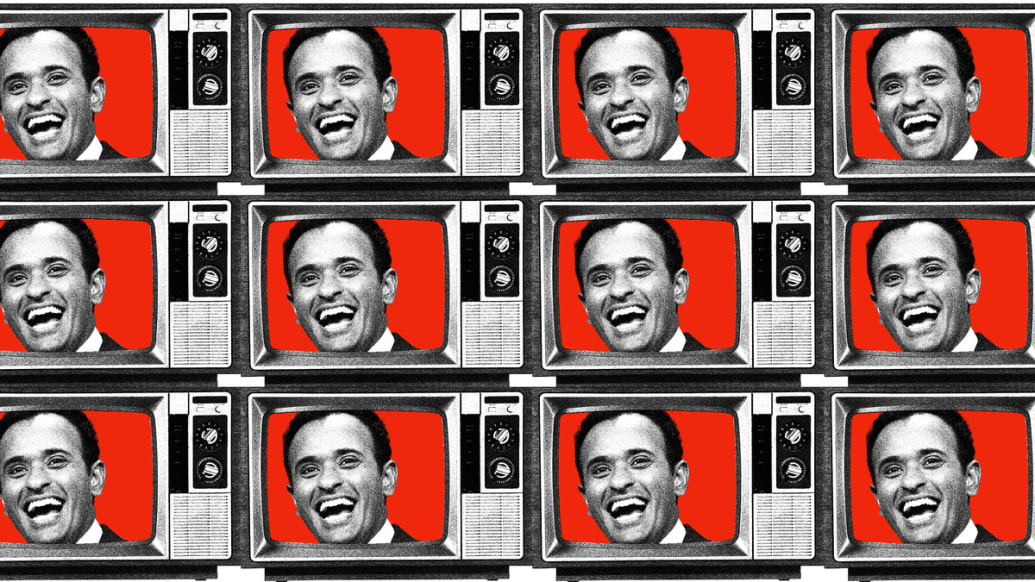 Photo illustration of an old television set featuring Vivek Ramaswamy on a red background, tiled.