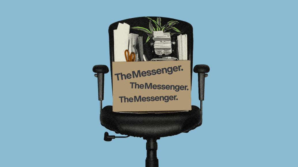 Photo illustration of a box of office supplies on a desk chair with The Messenger logo overlaid on the box.