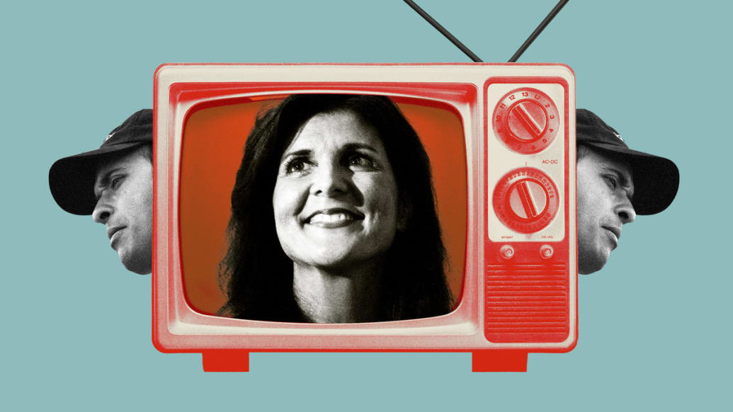 Photo illustration of Nikki Haley in an old tv with Vivek Ramaswamy coming out behind either side
