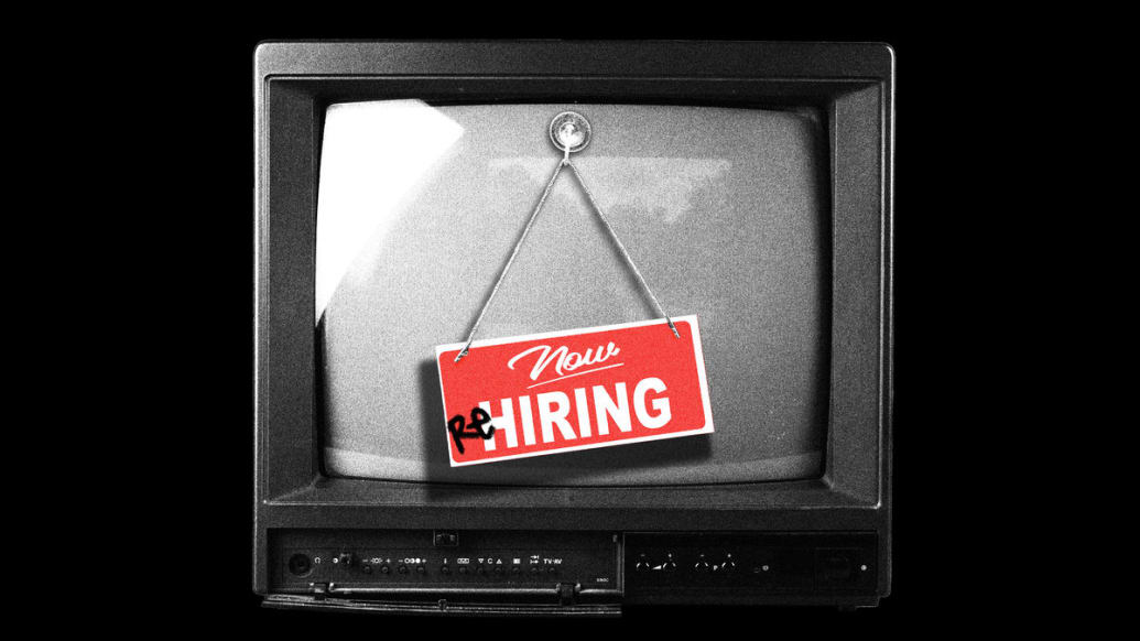 Illustration of a television set with a “NOW HIRING” sign hanging on it.