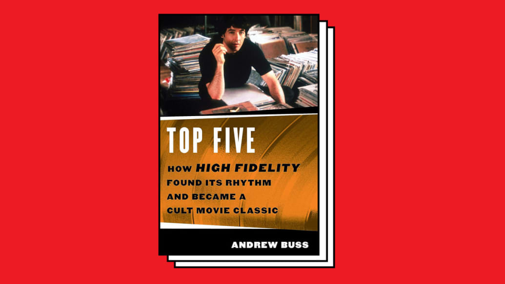 An illustration including the key art of the book Top Five: How High Fidelity Found Its Rhythm and Became a Cult Classic