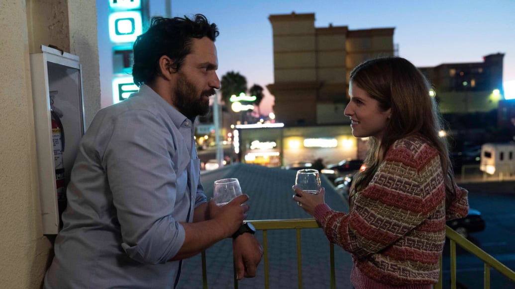 A photo including Jake Johnson and Anna Kendrick in the film Self Reliance on Hulu