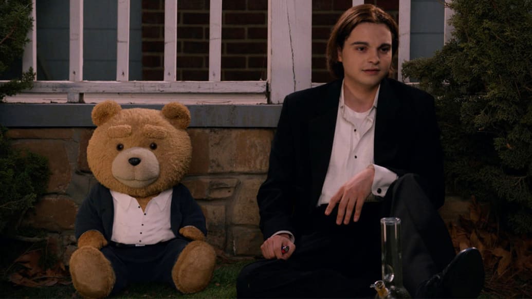 A photo including Seth MacFarlane as voice of Ted, Max Burkholder as John in the series Ted on Peacock