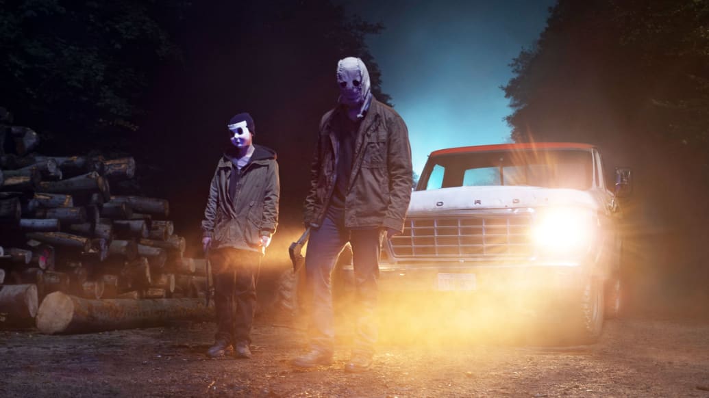 A photo including a still from the film The Strangers: Chapter 1