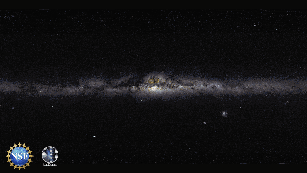 An artist's composite image of a photo of the Milky Way captured with visual light along with the first-ever neutrino-based image of the Milky Way overlaid in blue. 