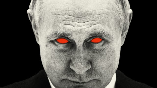 Photo illustration of a portrait of a serious looking Russian President Vladimir Putin with red eyes.
