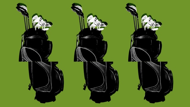Photo illustration of three golf bags with golf clubs that have been distorted on a green background.