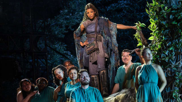 Renée Elise Goldsberry as Prospero, top, leads the cast in 'The Tempest" in Shakespeare in the Park.