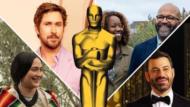A photo composite of an Oscar statuette in front of a series of photos that include Ryan Gosling, Jimmy Kimmel and still from American Fiction and Killers of the Flower Moon