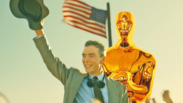 A photo illustration of Cillian Murphy in Oppenheimer waving his hat in a cheer in front of a huge Oscar statue