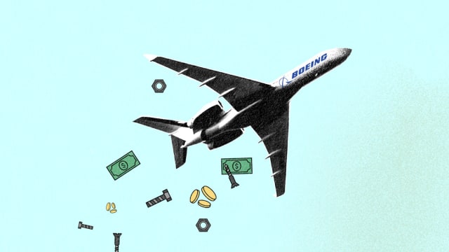 A photo illustration of a plane with the Boeing logo flying away while leaving a trail of nuts, bolts, and money behind