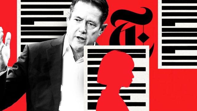 A photo illustration of Jes Staley surrounded by redacted papers with a silhouette of a woman.