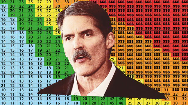 A photo illustration showing Eric Hovde in front of a BMI Chart that has dollar signs in place of numbers.