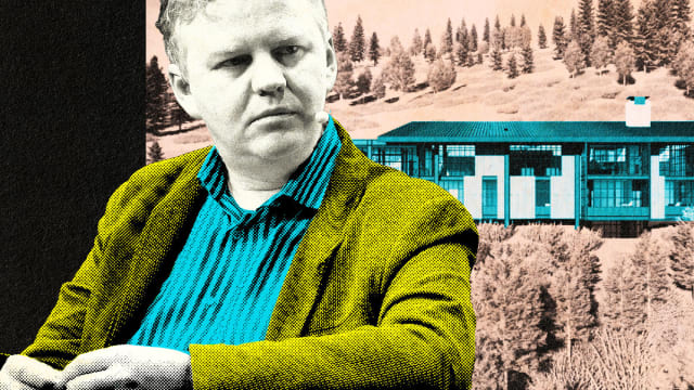 An illustration of Cloudflare billionaire Matthew Prince in front of a rendering of his proposed Park City mansion.
