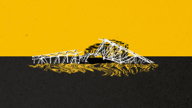 Photo illustration of the Francis Scott Key Bridge collapse in Baltimore, Maryland on a yellow and black background