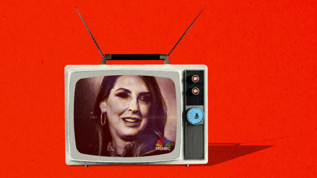 Photo illustration of Ronna McDaniel in an old tv on a red background.
