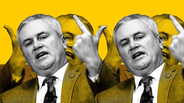 A photo illustration of James Comer pointing two ways.