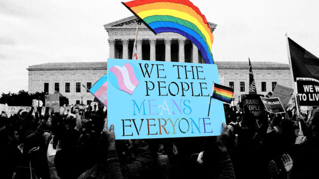 A photo including a group of LGBTQ activists and supporters rallying outside the U.S. Supreme Court in Washington D.C.