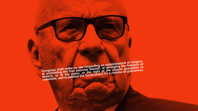 Illustration of Rupert Murdoch with the words of the First Amendment across his lips.