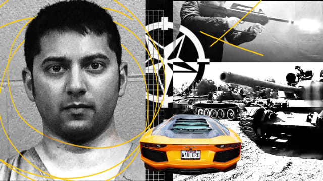 A photo illustration of Neil Ravi Mehta, his Lamborghini, a tank, and a man firing a semi-automatic rifle