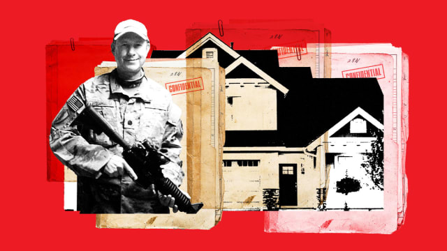 A photo illustration of retired Lt. Col. Robert Birchum, a house, and some folders marked “classified.”