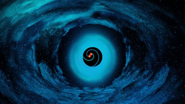 An illustration that includes images of gravitational waves and black holes pulling light and energy.