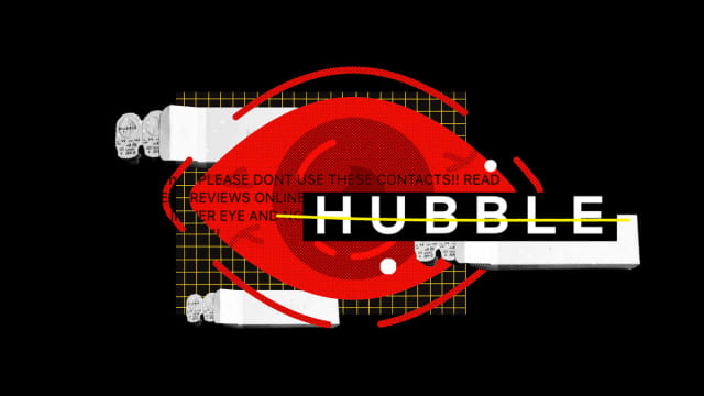 A photo illustration of a red eye overlaid with the Hubble logo and their contacts