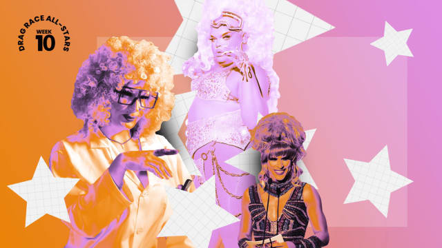 A photo illustration of Kandy Muse, Jimbo, and Jessica Wild from RuPaul’s Drag Race All Stars.