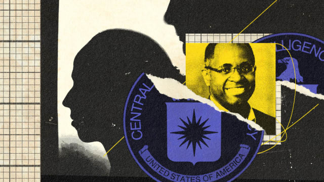 A photo illustration featuring Shaun Wiggins against a backdrop that includes a CIA seal.