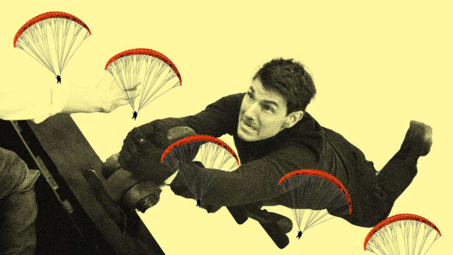 Photo illustration of a film still of Tom Cruise in Mission Impossible with an overlaid collage of a descending parachute.