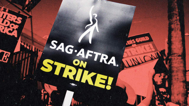ALT-TXT: An illustration including photos of Actors in the SAG-AFTRA Union Striking WGA union, on the first day of a SAG-AFTRA strike, in Los Angeles, CA.