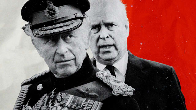 An illustration including photos of Prince Andrew and King Charles