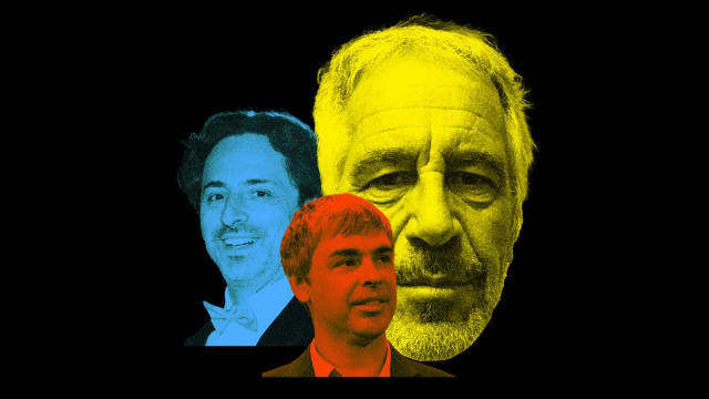 Photo illustrative collage of Jeffrey Epstein with Google founders Sergey Brin, and Larry Page.