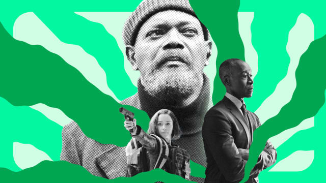 A photo illustration featuring Samuel L. Jackson as Nick Fury, Don Cheadle as James Rhodes, and Emilia Clarke as G’iah.