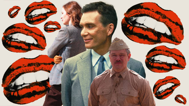 Photo illustration of Cillian Murphy, Emily Blunt, and Matt Damon in Oppenheimer with a background of red lips.