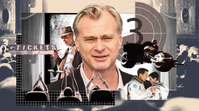 A photo illustration featuring Christopher Nolan with stills from Oppenheimer, Interstellar, The Dark Knight and Inception with an audience cheering.
