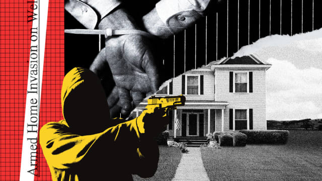 A photo illustration of a man's hands, zip-tied, a house, and a silhouette holding a gun.