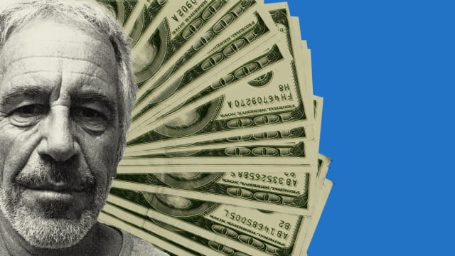 Photo illustration of Jeffrey Epstein’s mugshot with a splay of $100 bills collaged behind him.