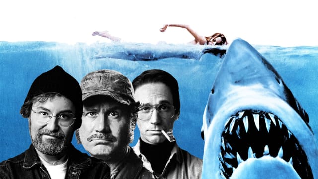 An illustration including photos from the Film JAWS and actors Colin Donnell as Roy Scheider, Alex Brightman as "Richard Dreyfuss", and Ian Shaw as "Robert Shaw" in Broadway play The Shark is Broken
